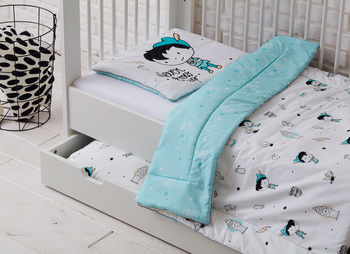 PIOTRUŚ PAN pościel z wypełnieniem i poduszką płaską (duży wzór - panel) 